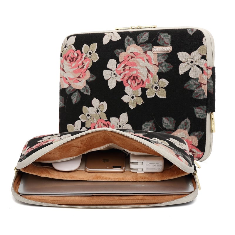 KAYOND Black Rose Patten Canvas Water-Resistant 14.1 Inch Laptop Sleeve - Image 1